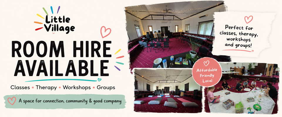 Room hire available at Little Village — classes, therapy, workshops and groups in our Moorooka church hall
